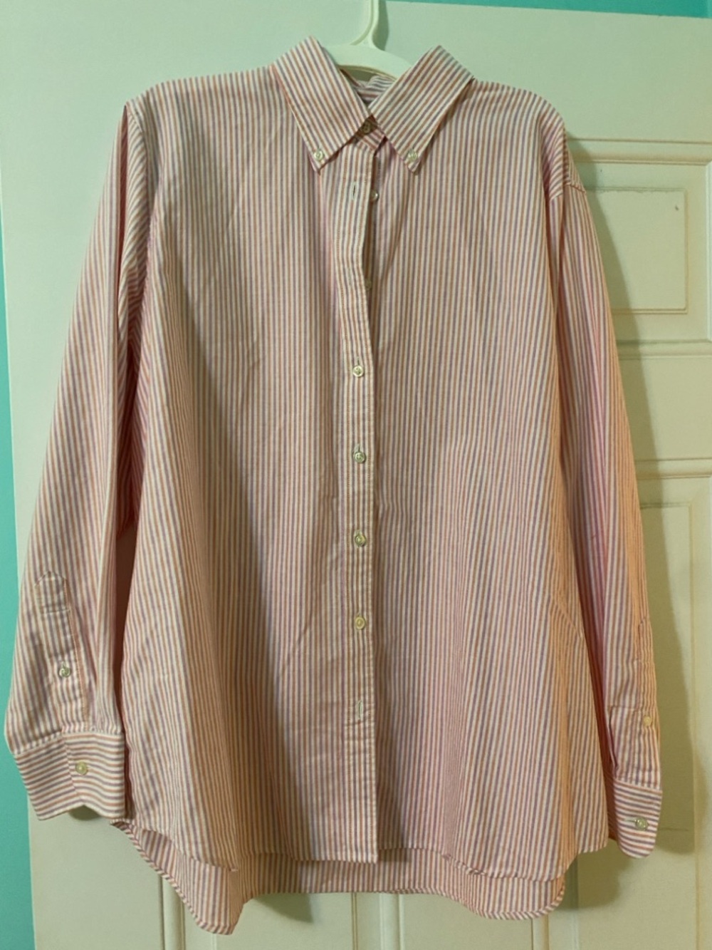 Lands' End Women's Pink and White Stripe Button-Down Shirt